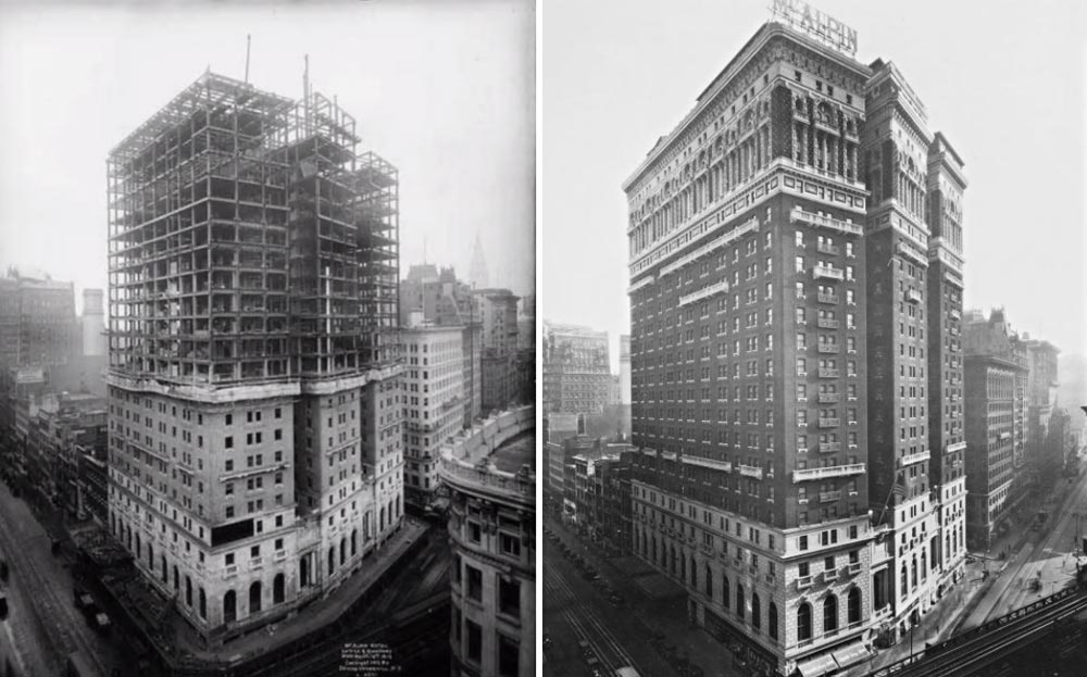 Black and white photos depicting the Herald Towers building under construction