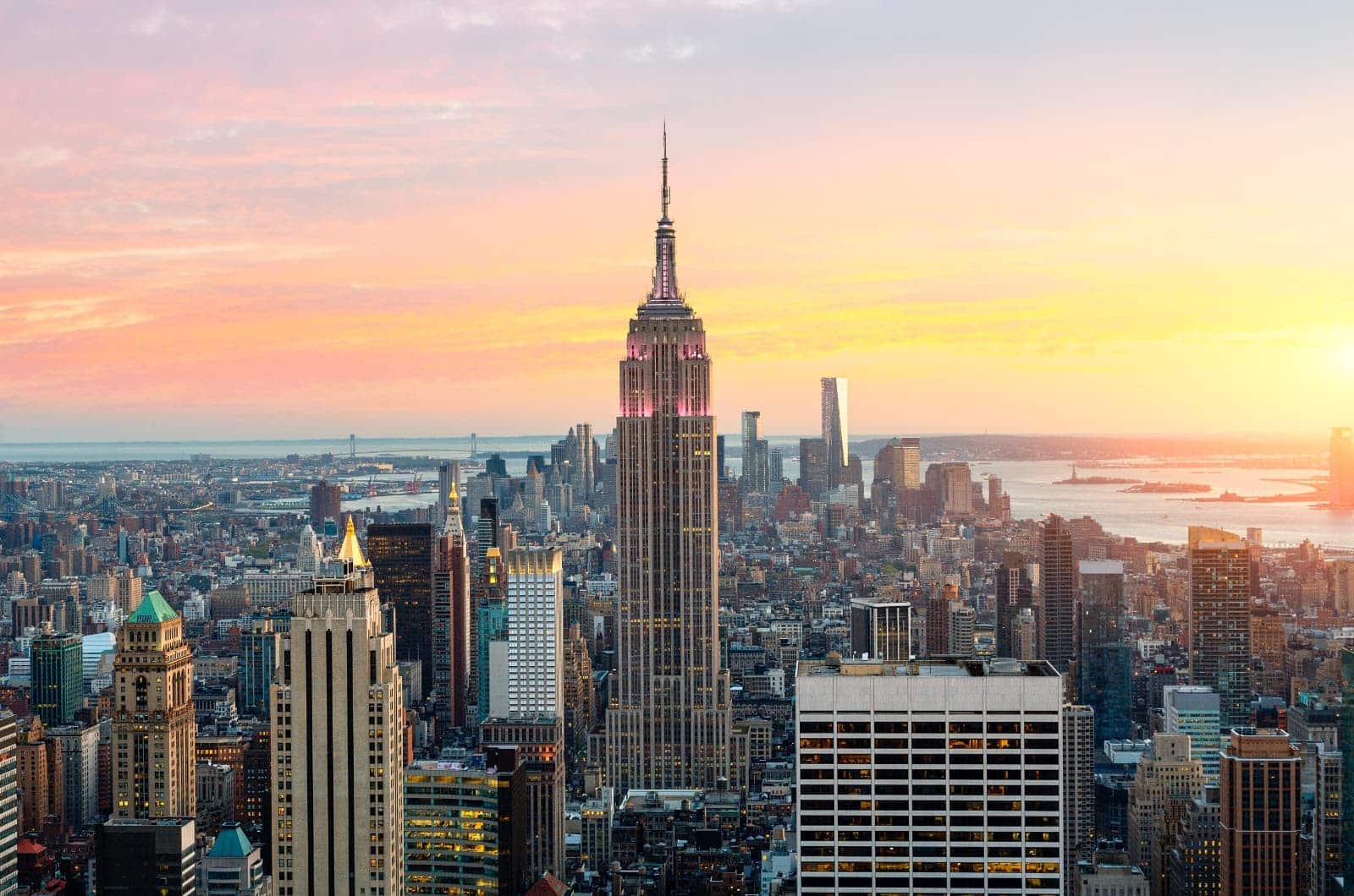 Aerial view of the Empire State Building at sunset